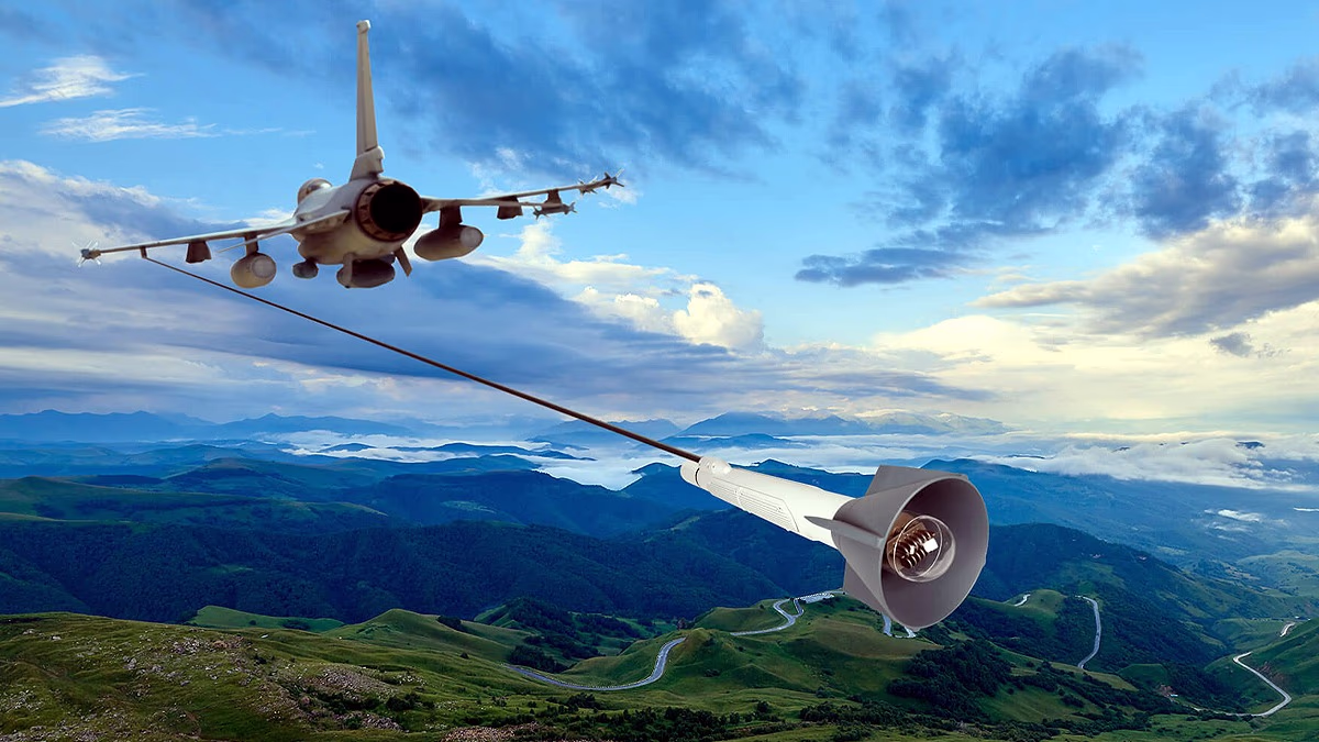 The X-Guard Decoy, a part of Rafale fighter jet's electronic warfare, soars tethered for enemy deception.