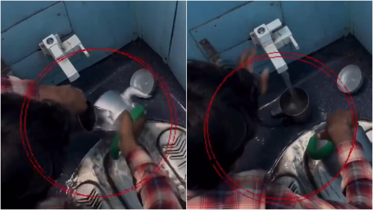 Individual washing a tea kettle in train bathroom (social media grab)