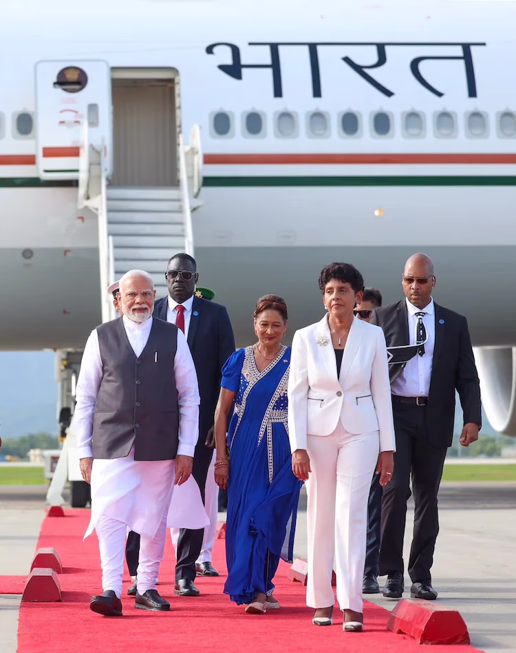 Prime Minister Narendra Modi receives a warm welcome in Trinidad & Tobago, with local PM Kamla greeting him with ministers and MPs, followed by a guard of honor at Piarco International Airport.
