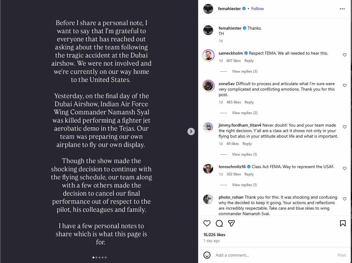 Major Taylor Fema Hester, UAE Air Show critics emphasized 'the show must go on,' urging to remember post-demise sentiments.