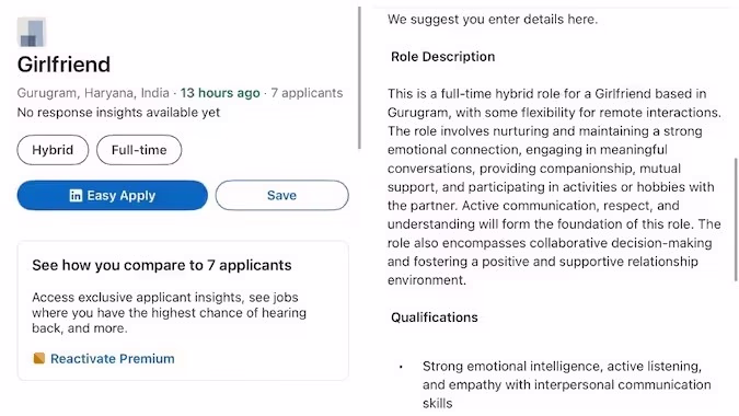The viral LinkedIn post by a Gurugram man seeking a 'full-time girlfriend'. (Photo: LinkedIN)