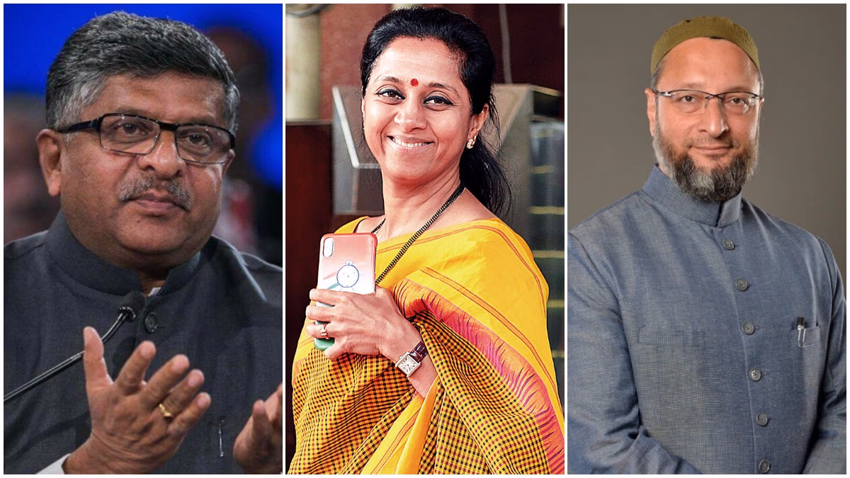 Ravi Shankar Prasad (L), Supriya Sule (M), and Asaduddin Owaisi (R) showcased in dynamic engagement. (PTI Photo)