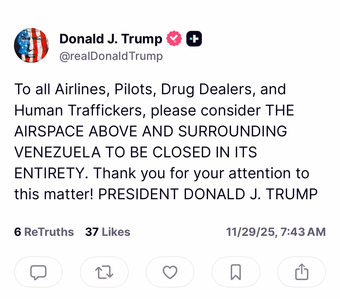 President Trump addresses a significant warning aimed particularly at drug dealers, airlines, and pilots, showcasing heightened pressure on Maduro's regime. The official reason for the airspace closure remains undisclosed.