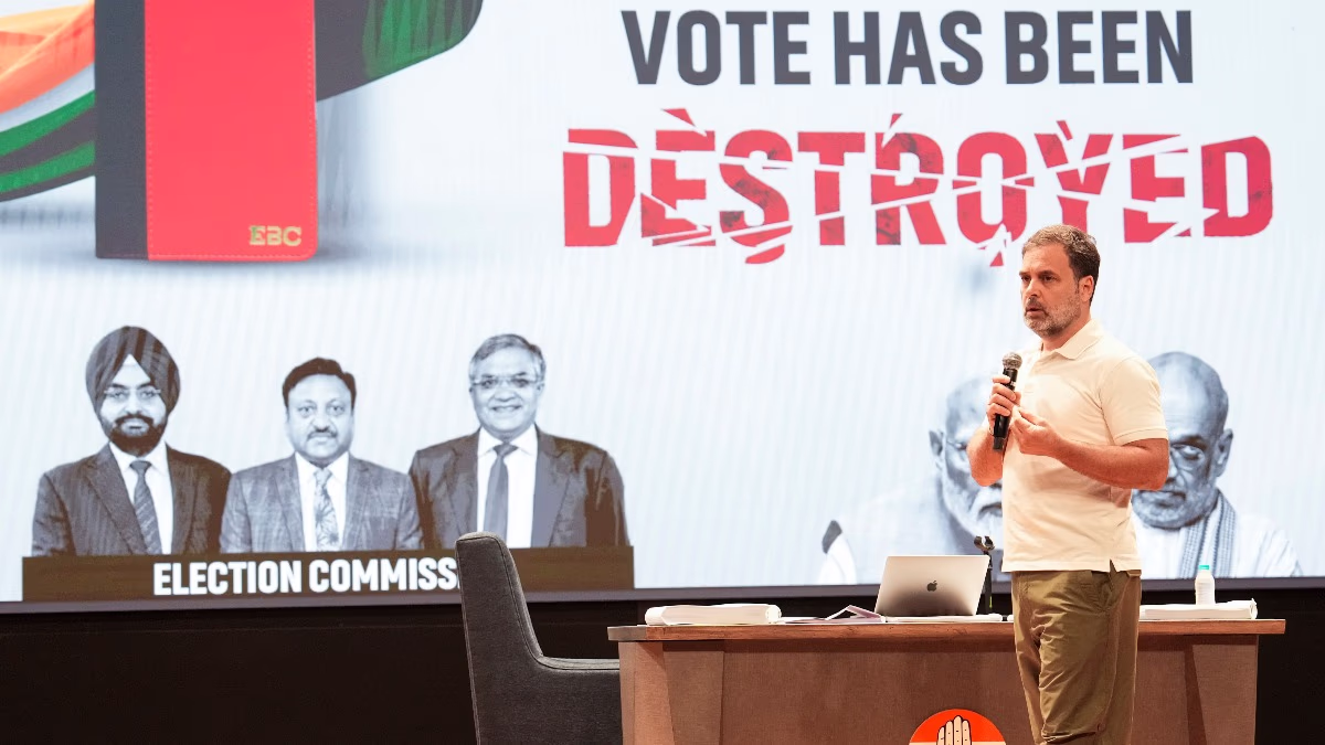Rahul Gandhi addressing a press conference at the Congress headquarters, making serious allegations (Photo- PTI)