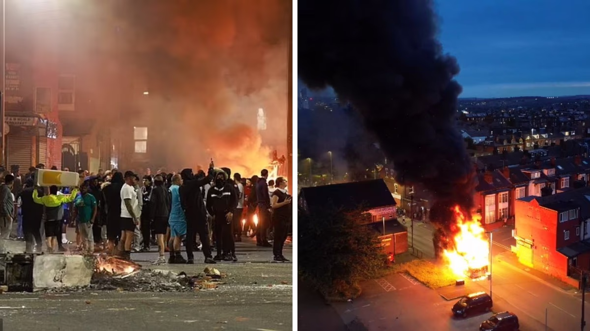 Chaotic scenes unfold in the UK as angry individuals set fire to a bus and clash with police.