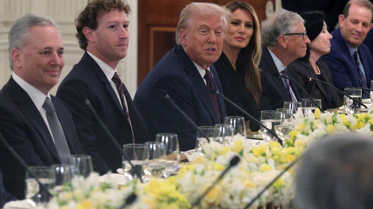 Trump dinner party featuring high IQ guests asking about investment strategies for America.