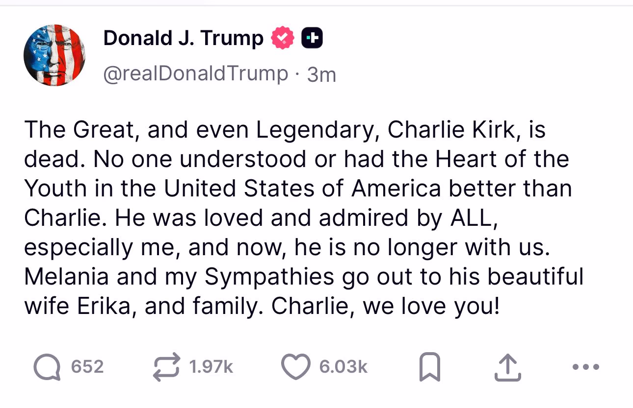 Trump mourns the loss of Charlie Kirk