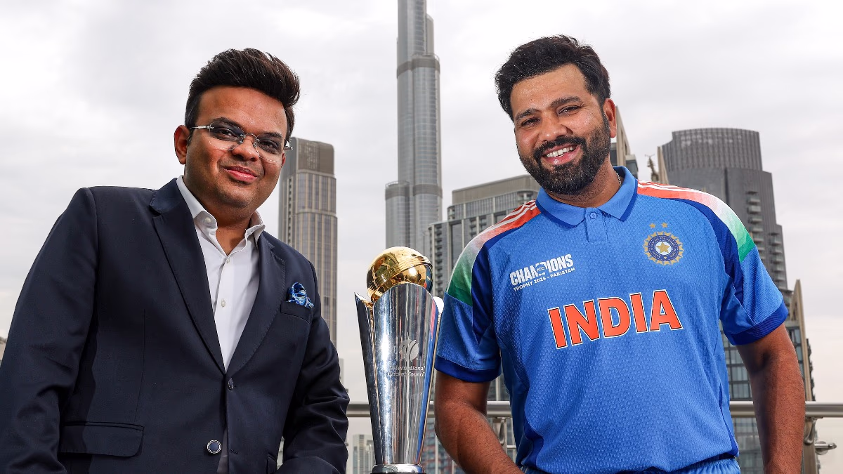 This photo of Rohit Sharma with Jay Shah is from a photoshoot after the Champions Trophy victory (Photo: PTI)