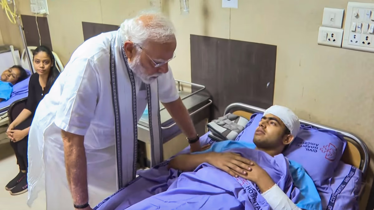 Prime Minister Narendra Modi visits Ahmedabad post-crash, meets with injured and sole survivor. Incident involves fatalities including ex-CM Vijay Rupani.