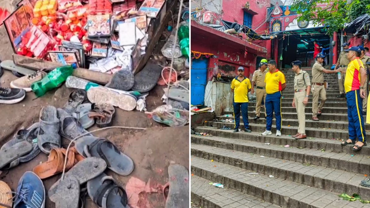 Scene of footwear scattered after the Mansa Devi Temple stampede (Photo: PTI)